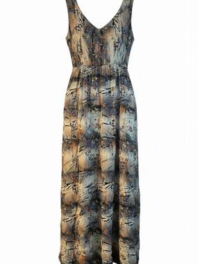 Julia V-Neck Printed Midi Dress Smocked Waist Muted Abstract L